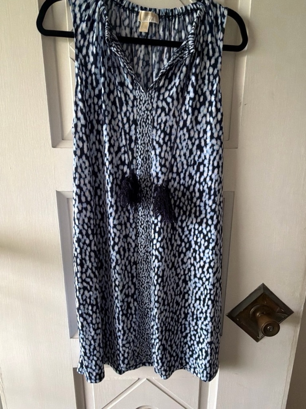 Michael Kors Navy and White Printed Midi Dress with Tassels